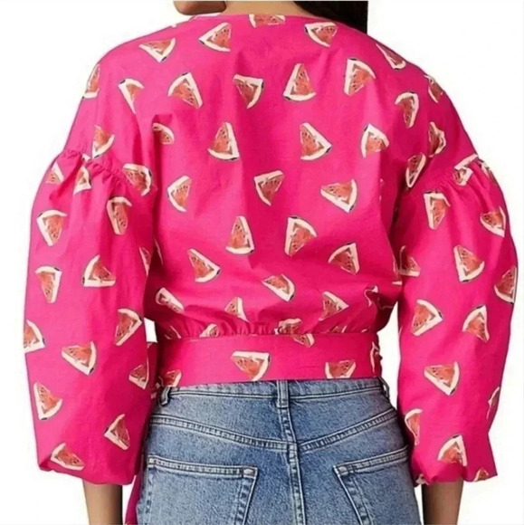 Color Me Courtney x RTR Watermelon Wrap Top S Puff Sleeve Pink Fruit Print - Picture 4 of 13